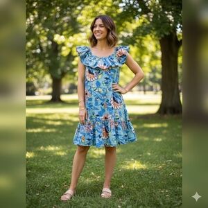 Cleobella Organic Cotton Floral Ruffle Halter Mini Dress Blue Size M